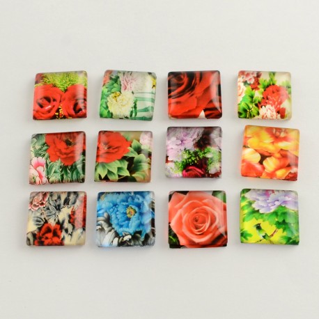 10 cabochons en verre carrés 20 mm assortis Fleurs S-22-20-17