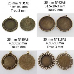 Support cabochon de 25 mm N°08 au N°11 bronze, pendentifs cabochons