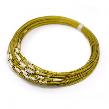 Collier tour de cou fil câblé rigide vert jaune fermoir à visser N°01